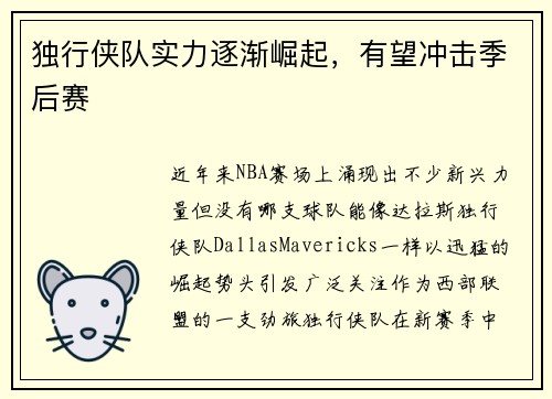 独行侠队实力逐渐崛起，有望冲击季后赛
