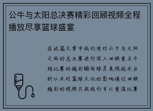 公牛与太阳总决赛精彩回顾视频全程播放尽享篮球盛宴